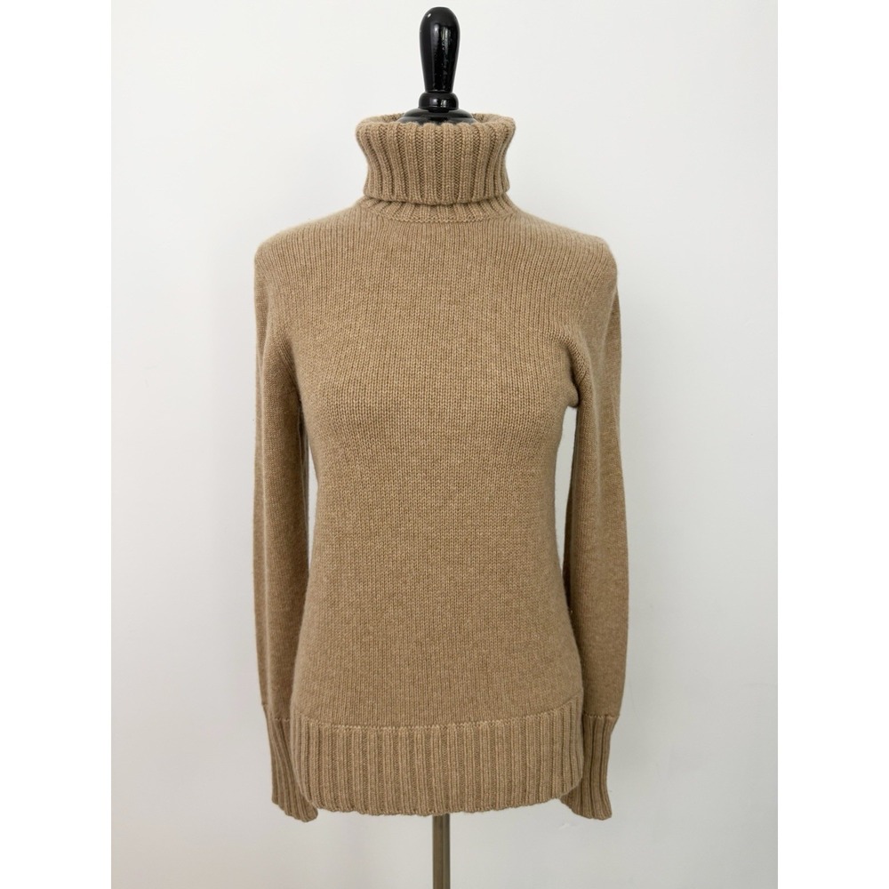 J CREW Women's 100% Italian Cashmere SWEATER XS Camel Brown Turtleneck Funnel